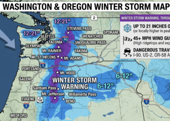 Winter Storm Warning: Up to 21 Inches of Snow, 45 MPH Gusts Threaten I-90, Highway 2 and Highway 58 Across Oregon & Washington Through Thursday
