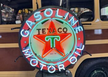 Neon Texaco Sign, Painted Texaco Sign, and Texaco Metal Stand with Oil Cans at No Reserve