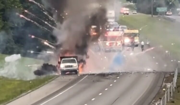 Drivers Treated To Fireworks Show As Trailer Burns